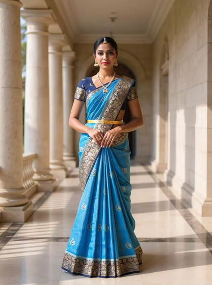 Sky Blue Floral Satin Meenakari work Banaras Soft Silk Saree