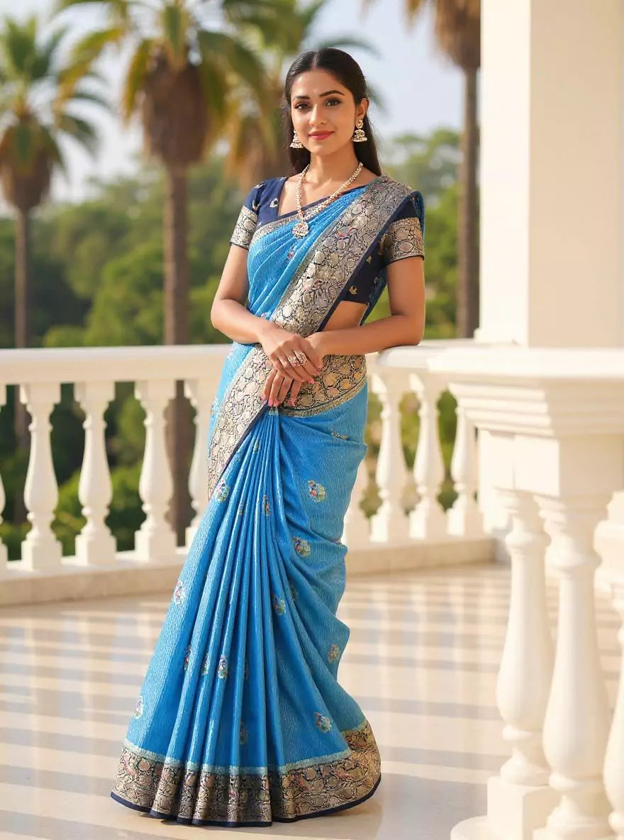 Sky Blue Floral Satin Meenakari work Banaras Soft Silk Saree