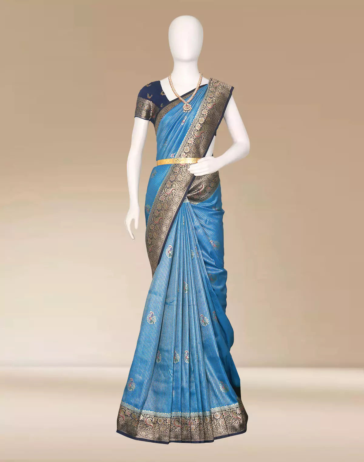 Sky Blue Floral Satin Meenakari work Banaras Soft Silk Saree