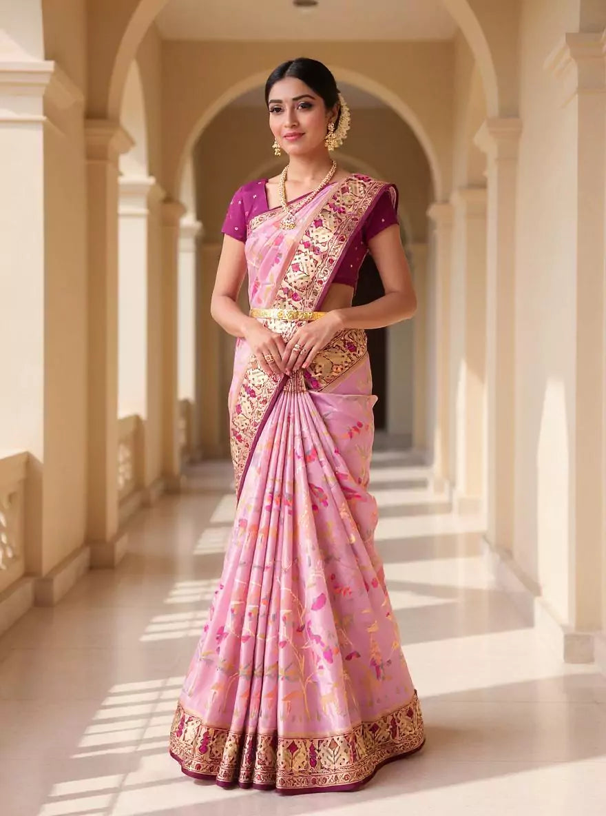 Light Pink Banaras Tissue Paithani Saree with Patola Border