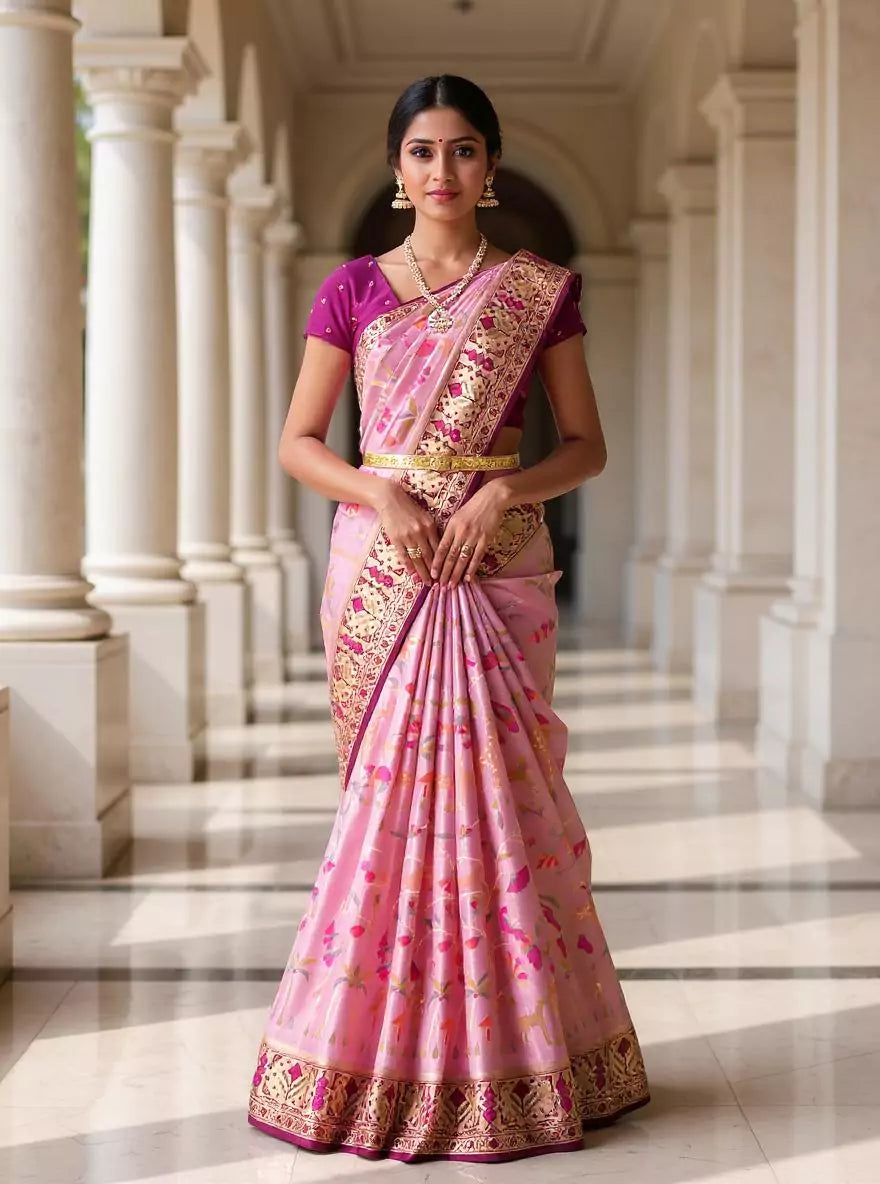 Light Pink Banaras Tissue Paithani Saree with Patola Border