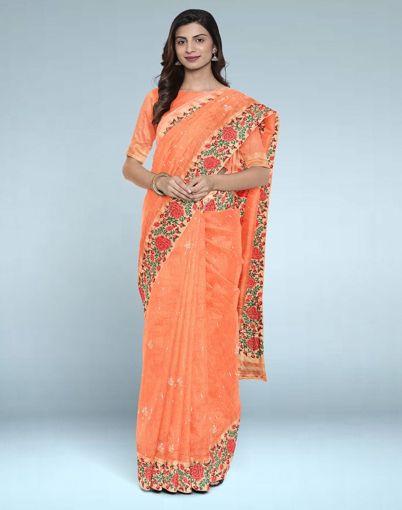 Orange Striped Embellished work Lenin Jute Saree