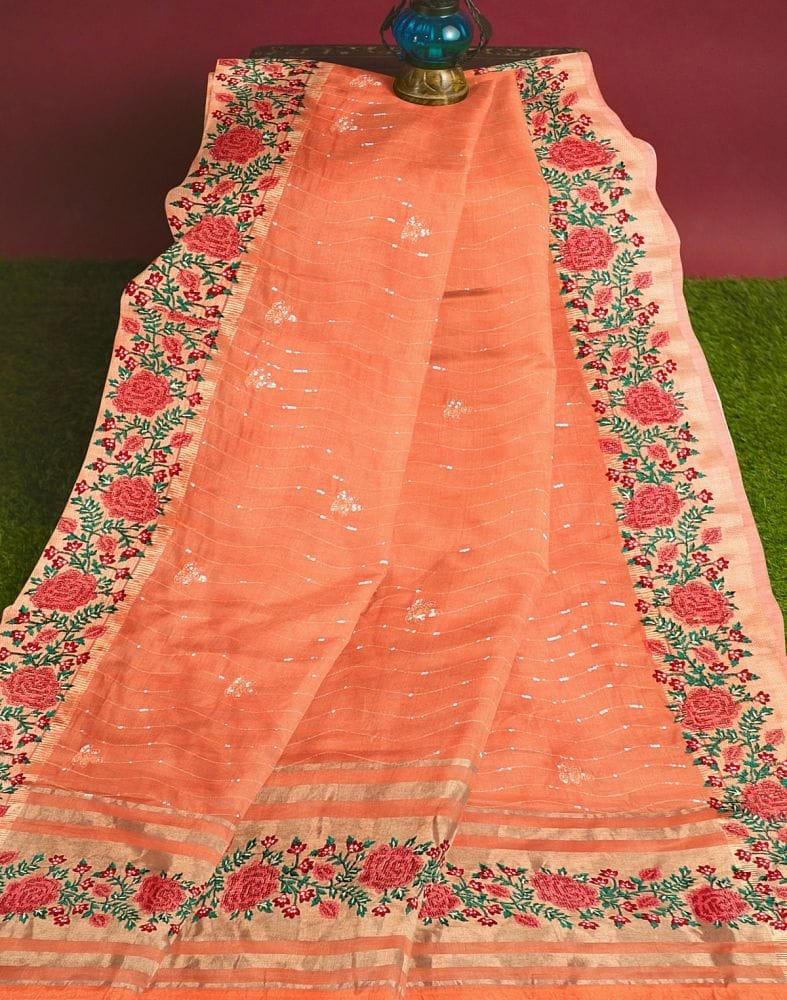 Orange Striped Embellished work Lenin Jute Saree