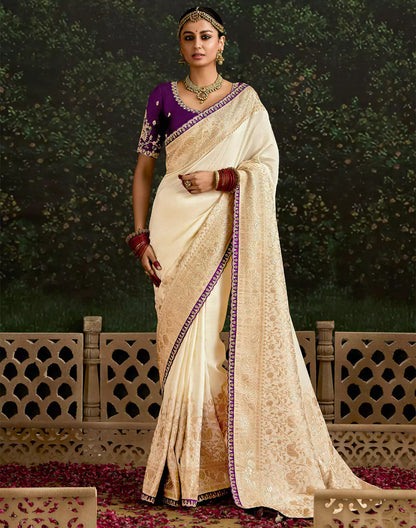 Cream Pure Dola Silk With Fancy Lace Border and Embroidery Worked Blouse