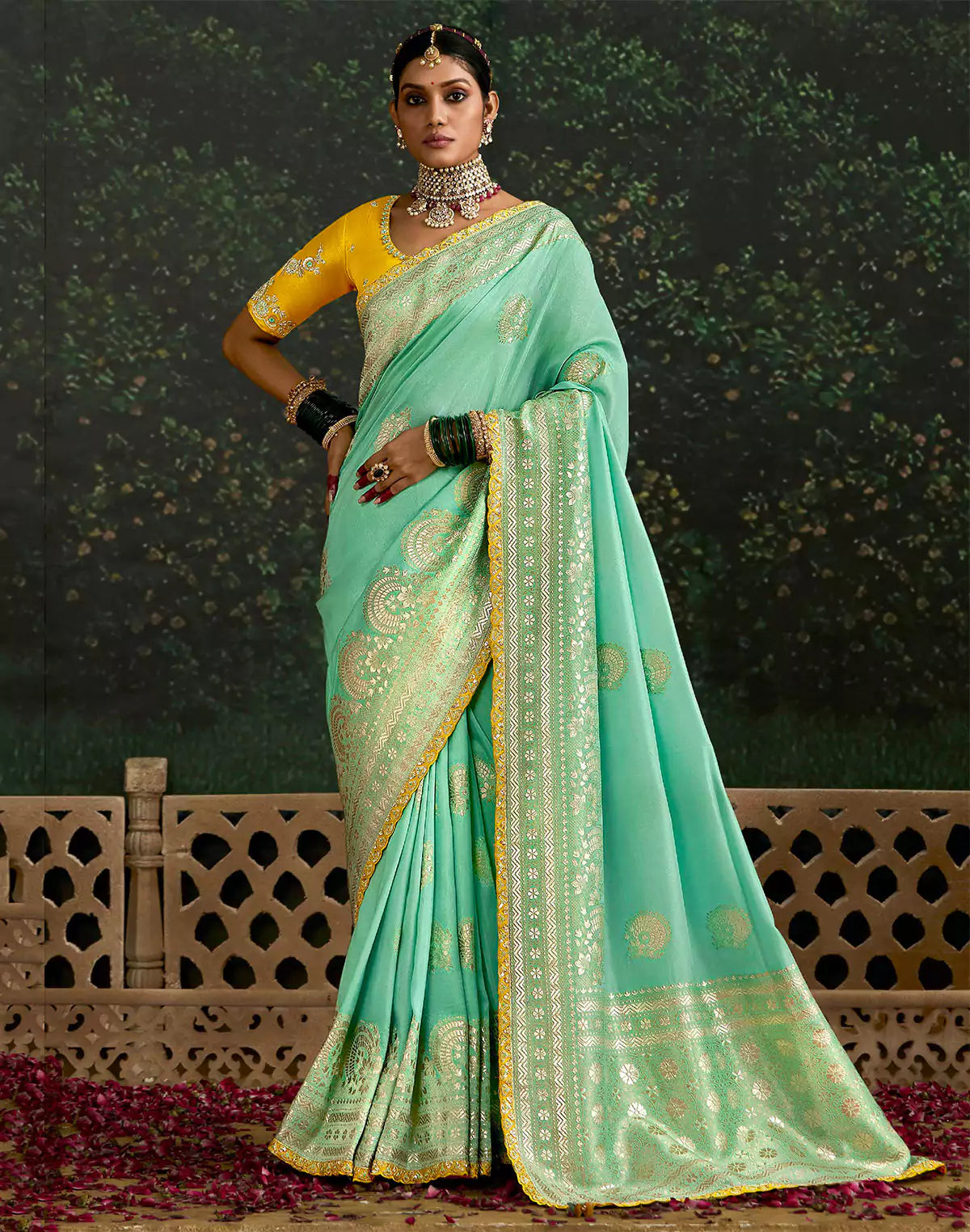 Sea Green Floral Bunches Dola Silk Saree and Embroidery Work Blouse