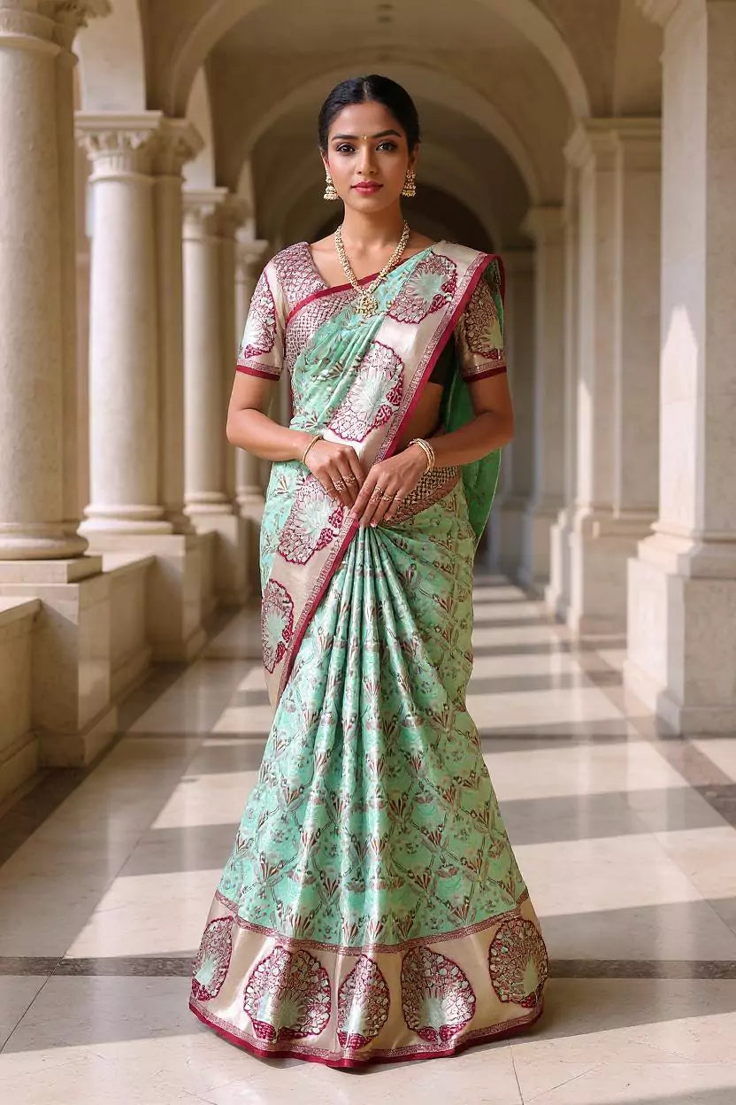 Sea Green Floral Kanchi Meenakari Design Silk Saree