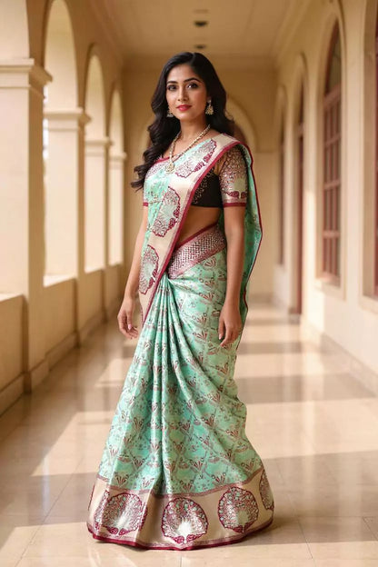 Sea Green Floral Kanchi Meenakari Design Silk Saree