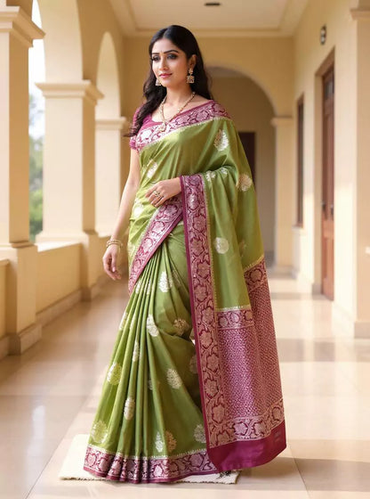 Olive Green Floral Motifs Banaras Soft Silk Saree with Tussels