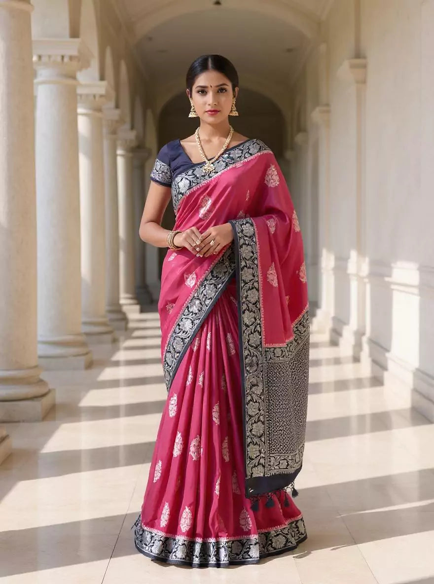 Light Pink Floral Motifs Banaras Soft Silk Saree with Tussels