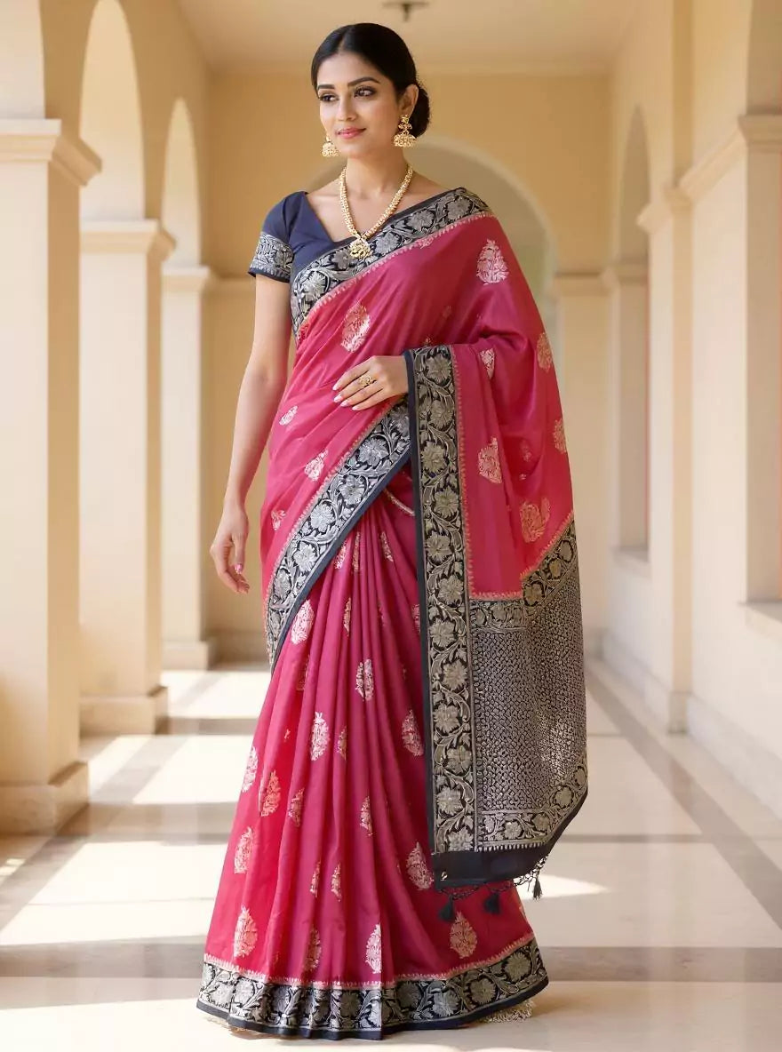 Light Pink Floral Motifs Banaras Soft Silk Saree with Tussels