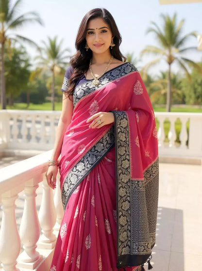 Light Pink Floral Motifs Banaras Soft Silk Saree with Tussels