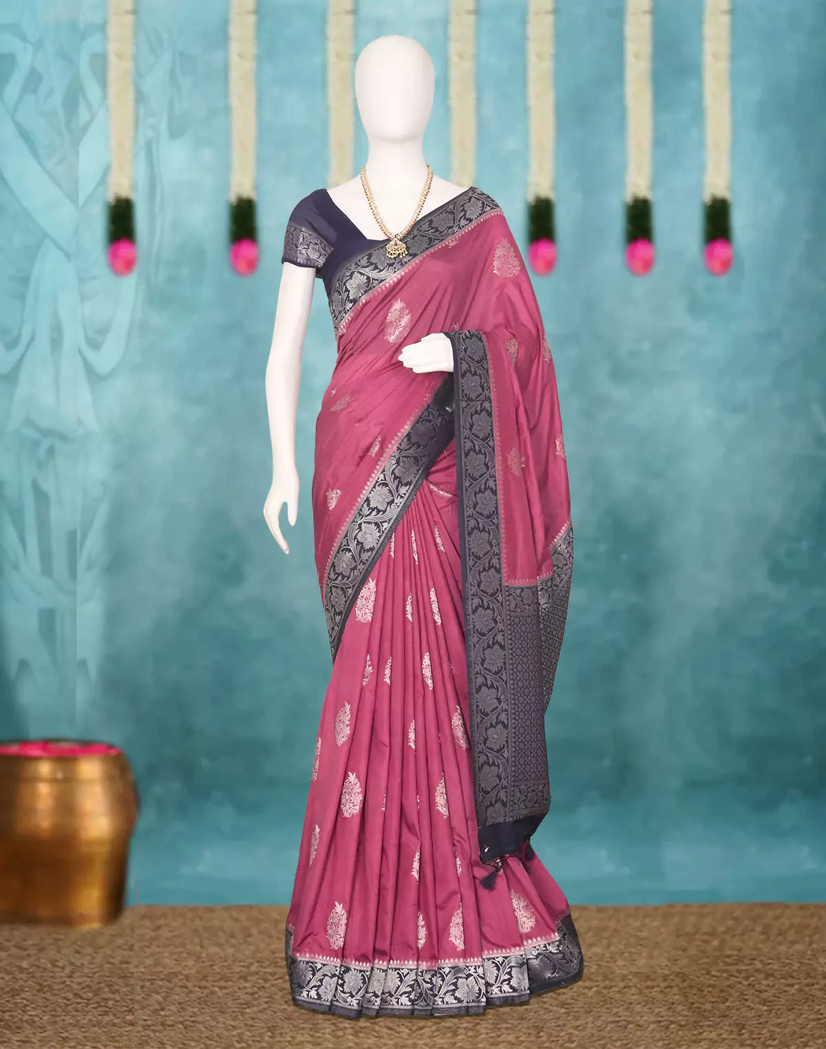 Light Pink Floral Motifs Banaras Soft Silk Saree with Tussels