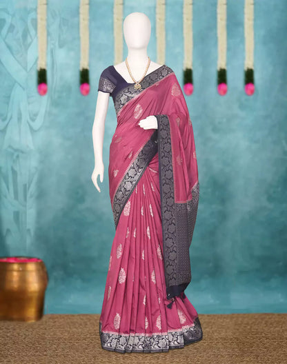 Light Pink Floral Motifs Banaras Soft Silk Saree with Tussels