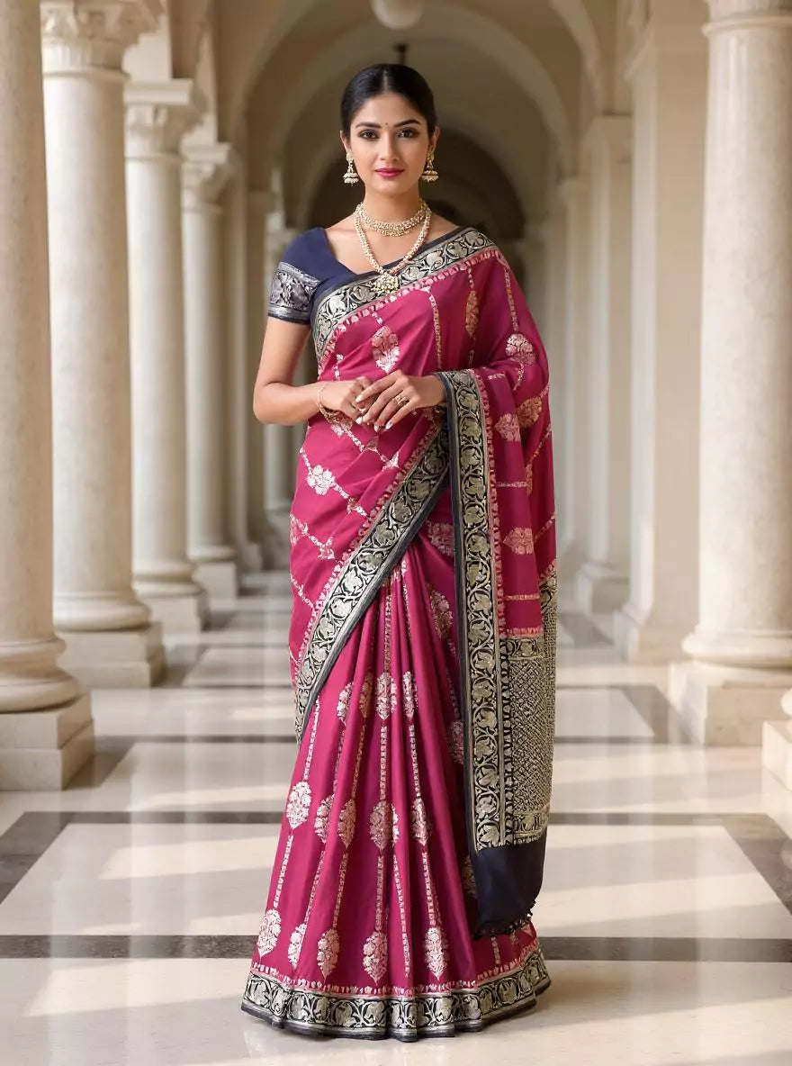 Magenta Floral Banaras Soft Silk Saree
