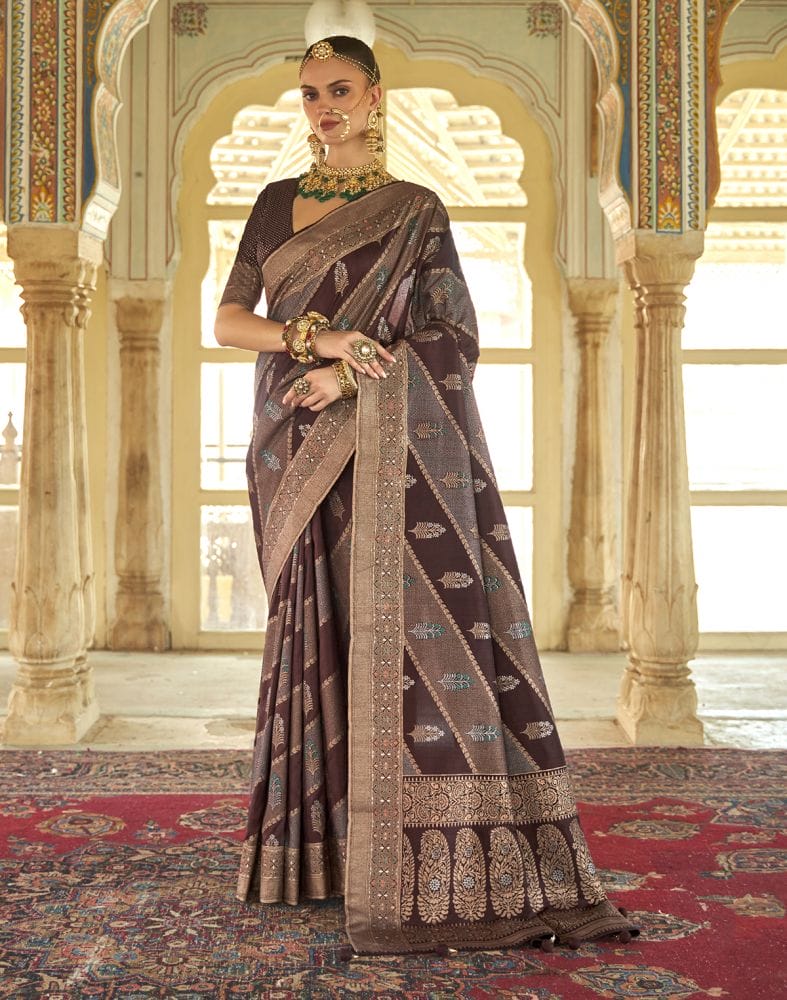 Botanical Pattern Brown Coloured Banaras Silk Saree