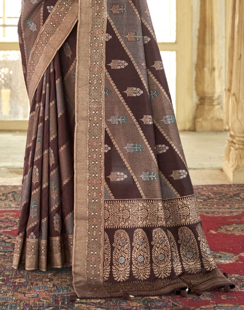 Botanical Pattern Brown Coloured Banaras Silk Saree