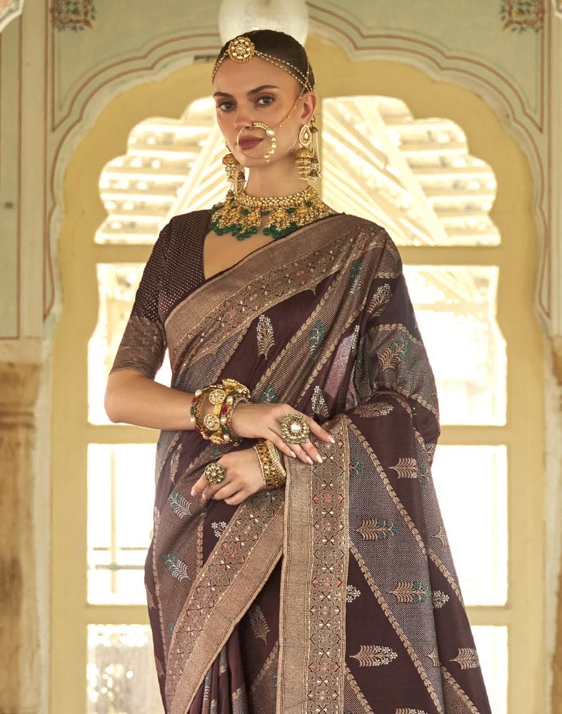 Botanical Pattern Brown Coloured Banaras Silk Saree