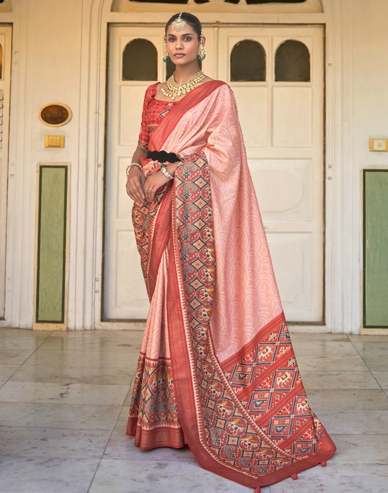 Peach Bandhini Print Patola Saree