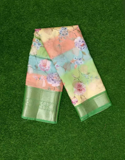 Green Floral Kora Tissue Saree