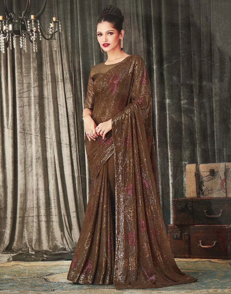 Brown Striped Sequence work Semi Georgette Saree