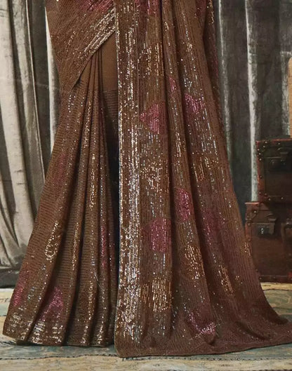 Brown Striped Sequence work Semi Georgette Saree