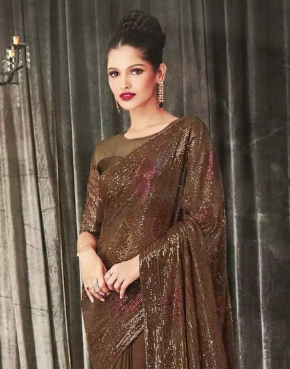 Brown Striped Sequence work Semi Georgette Saree