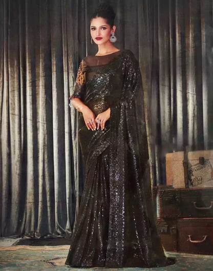 Dark Grey Striped Sequence work Semi Georgette Saree