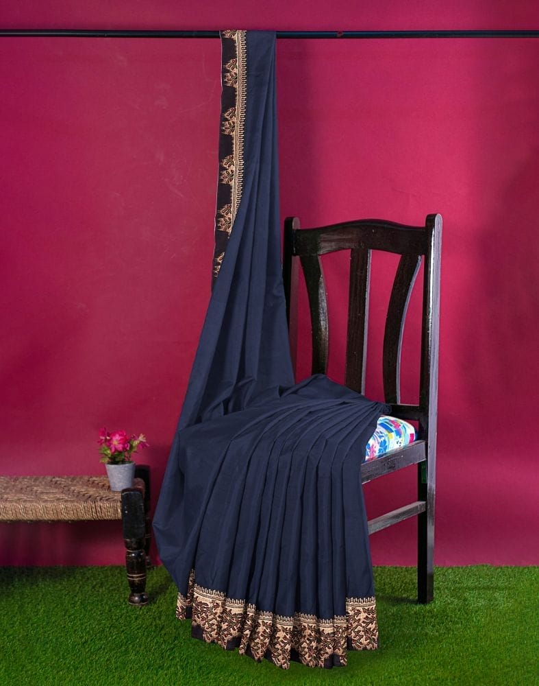 Navy Blue Coloured Plain Satin Saree