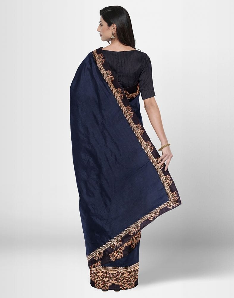 Navy Blue Coloured Plain Satin Saree