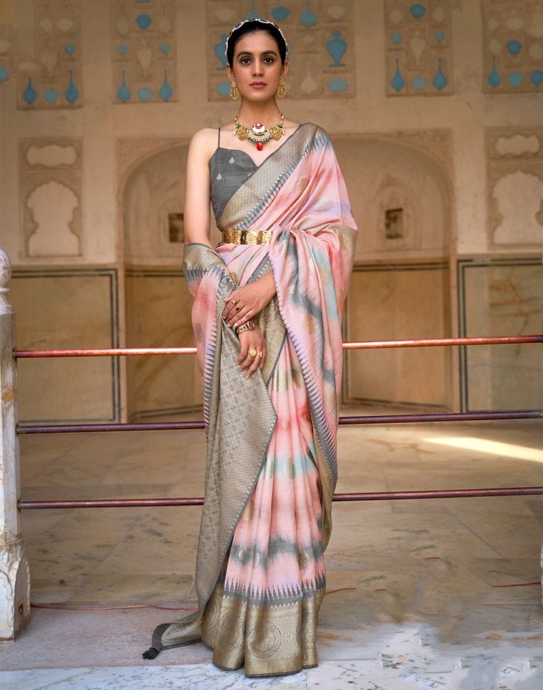 Peach Stripes Print Banaras Silk Patola Saree