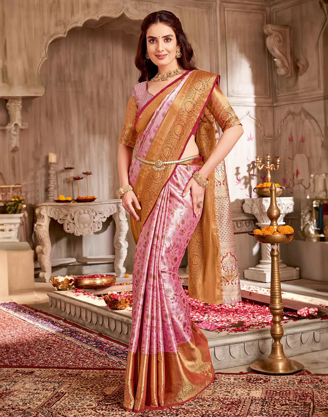 Light Pink Floral Tissue Jaal Semi Silk Fancy Saree