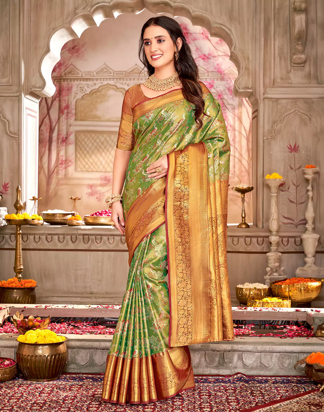 Light Green Semi Silk Tissue Peacock Design Red Border Saree