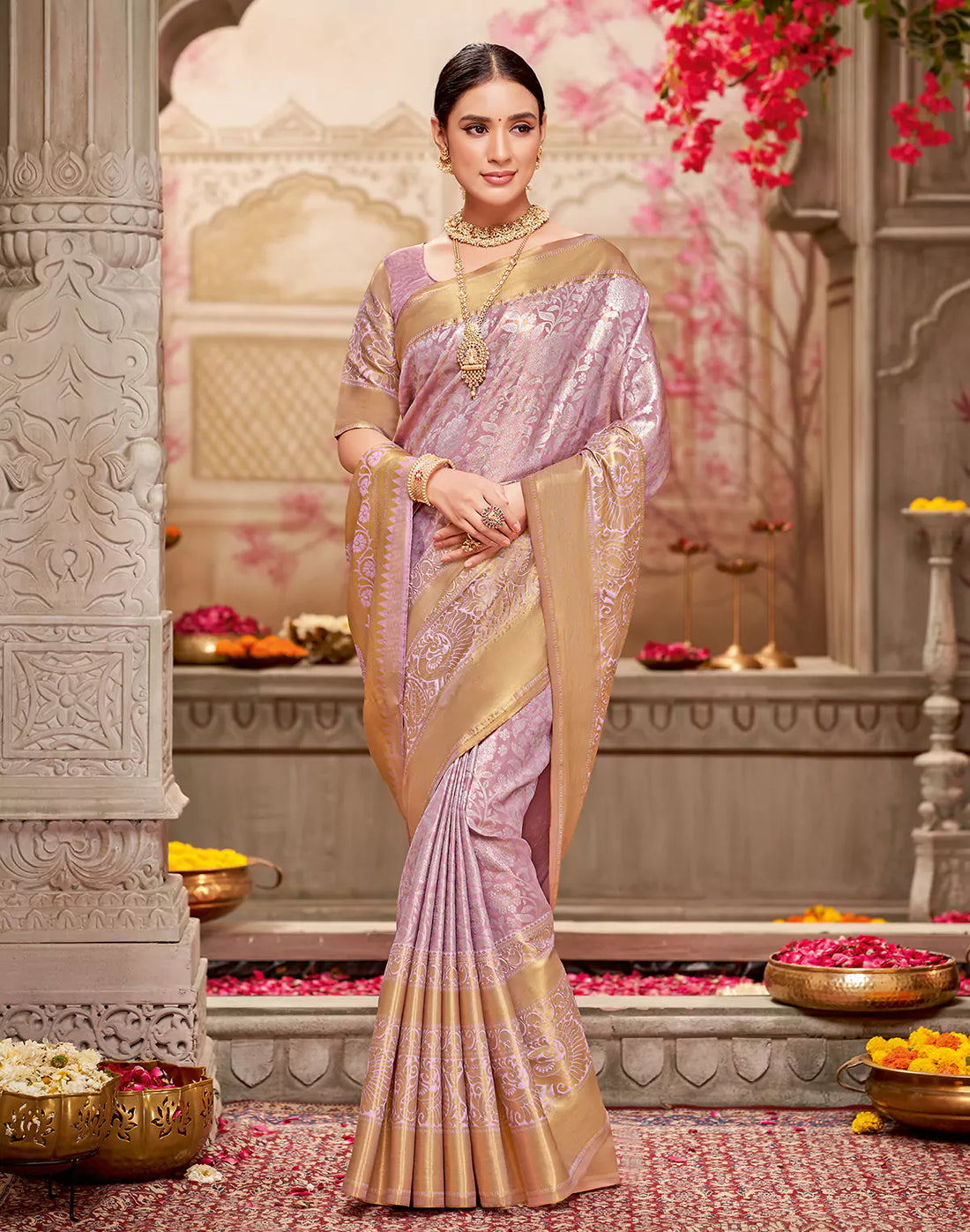 Onion with Silver zari Tissue Floral Design Semi Silk Saree
