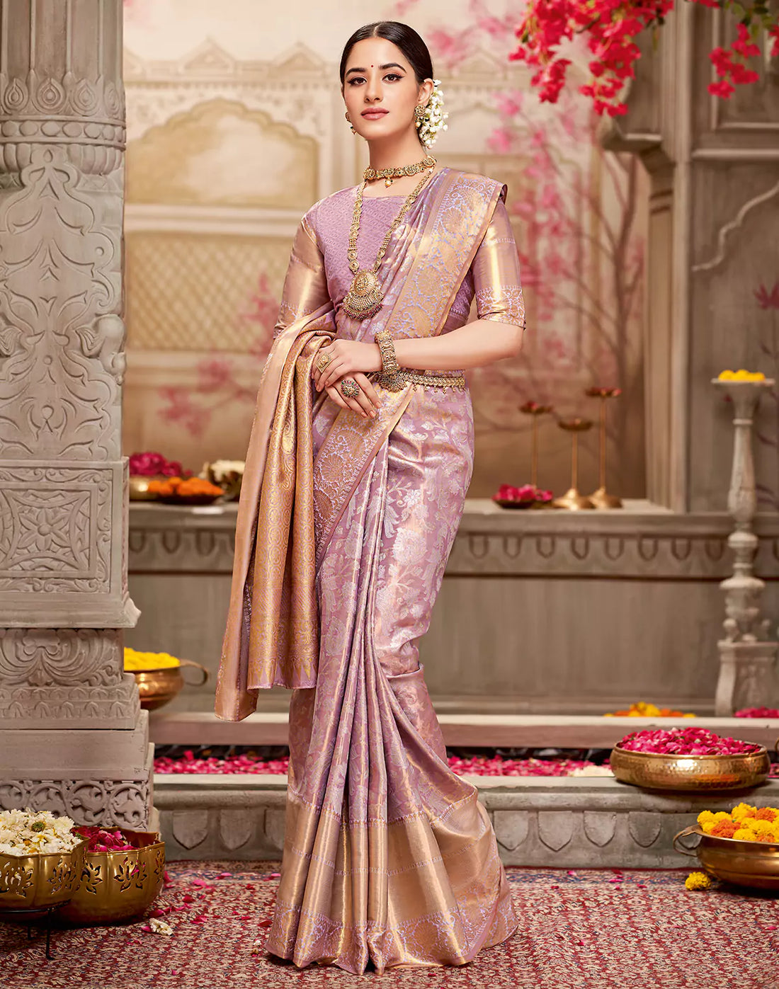 Semi Silk Floral Tissue Jaal Light Violet Saree