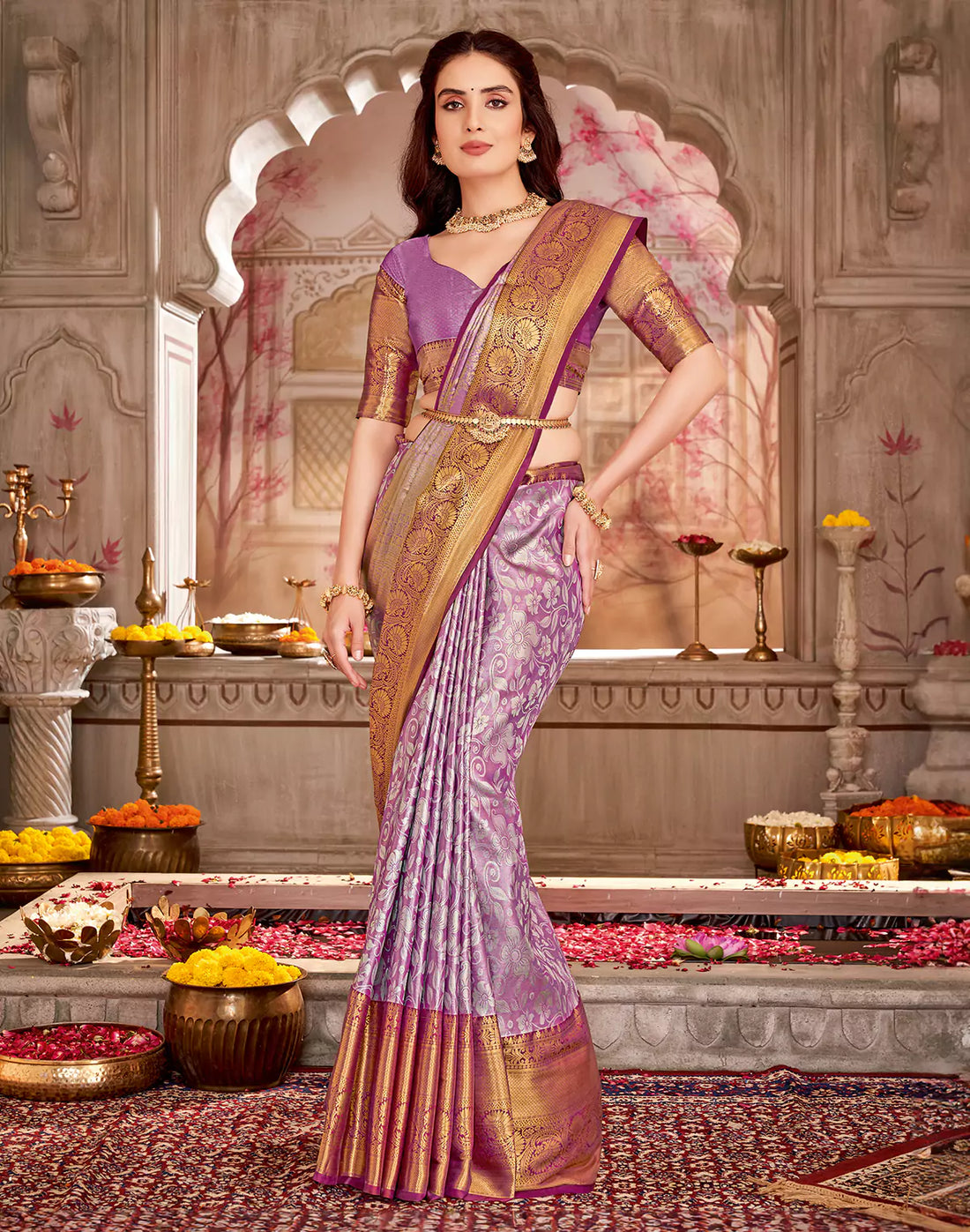 Tissue Floral Design Double Shaded Magenta Semi Silk Contrast Border Saree