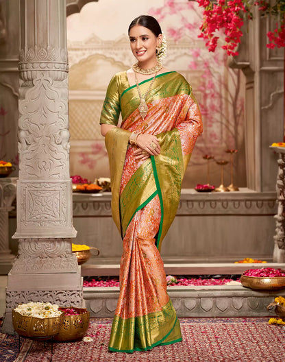 Orange Floral Tissue Design Contrast Border Kanchi Pattu Silk Saree