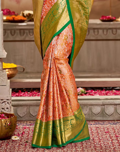Orange Floral Tissue Design Contrast Border Kanchi Pattu Silk Saree