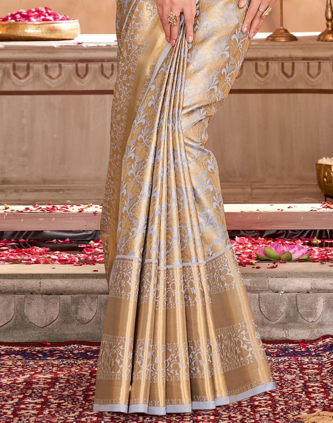 Grey Floral Tissue Jaal Semi Silk Skut Border Saree