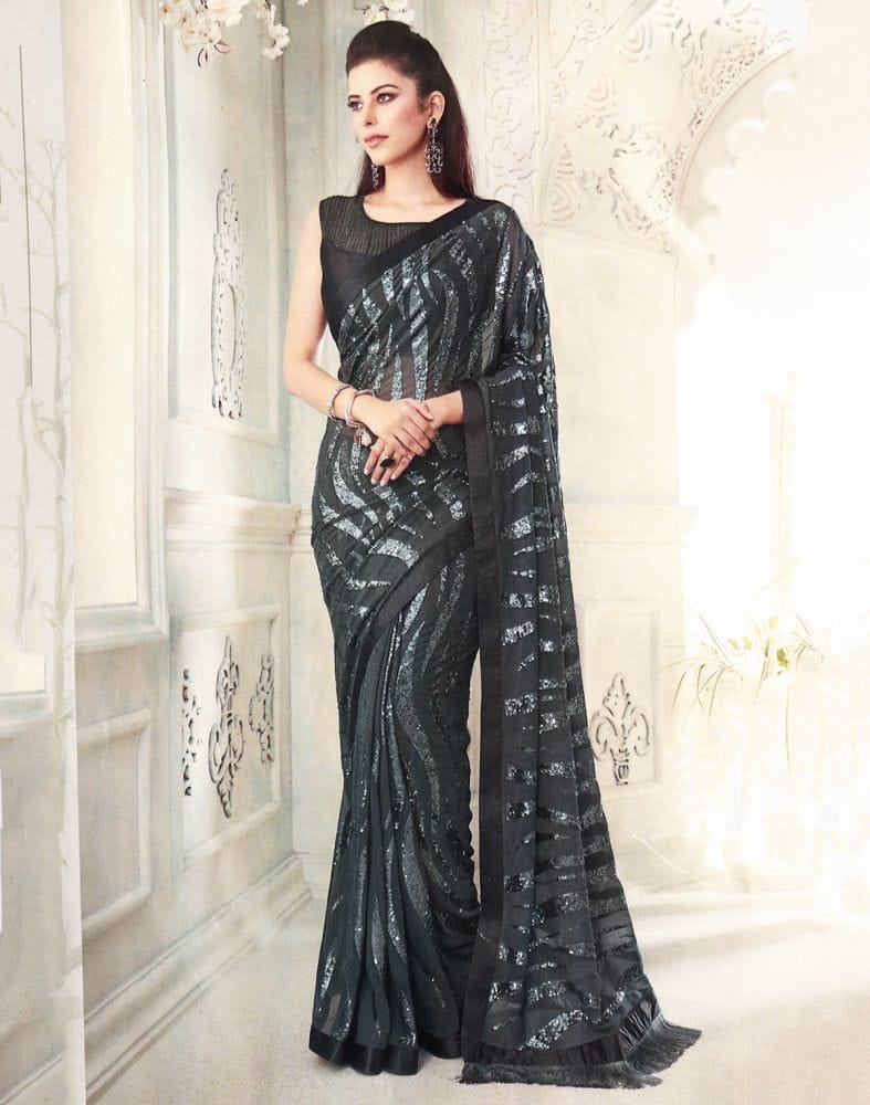 Grey Striped Sequence work Semi Georgette Saree