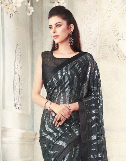 Grey Striped Sequence work Semi Georgette Saree