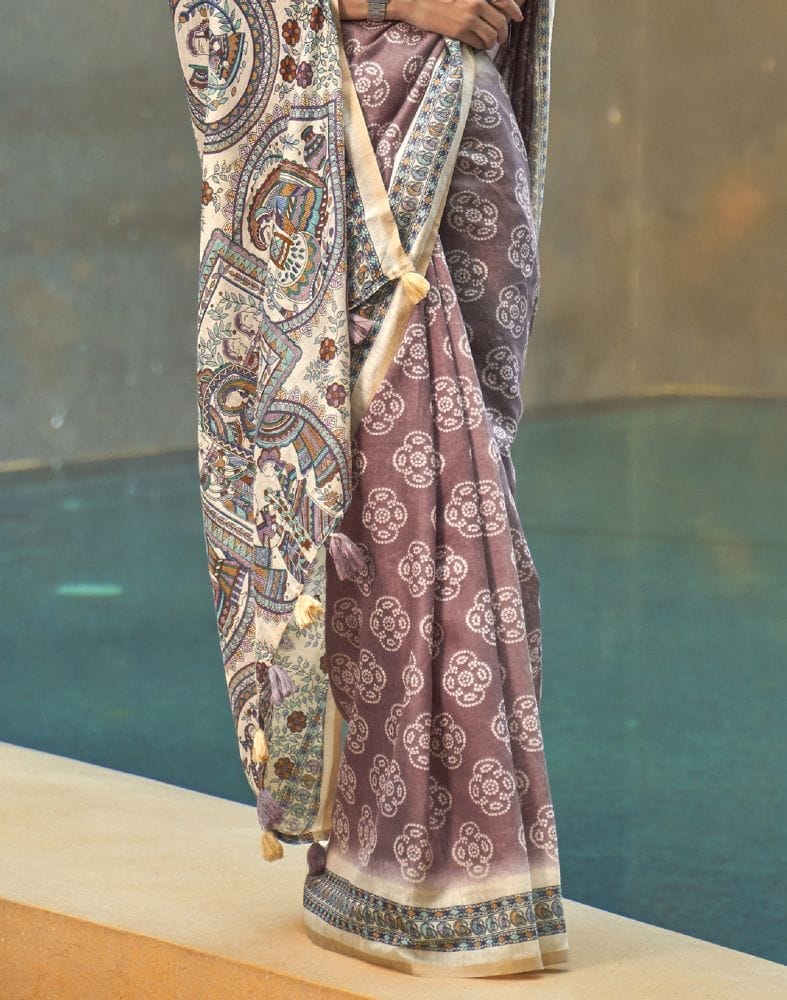 Brown and Cream Colour Floral Print Cotton Saree