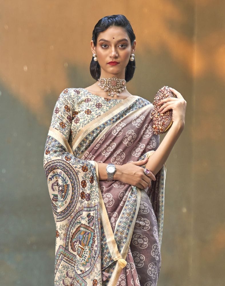 Brown and Cream Colour Floral Print Cotton Saree