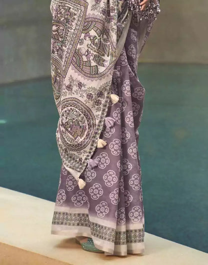 Bright Purple and Cream Floral Print Cotton Saree