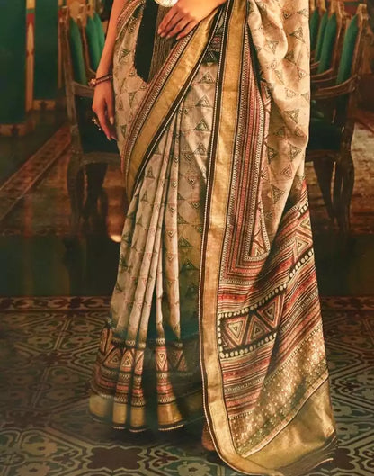 Light Grey Geometric Print Dola Silk Saree