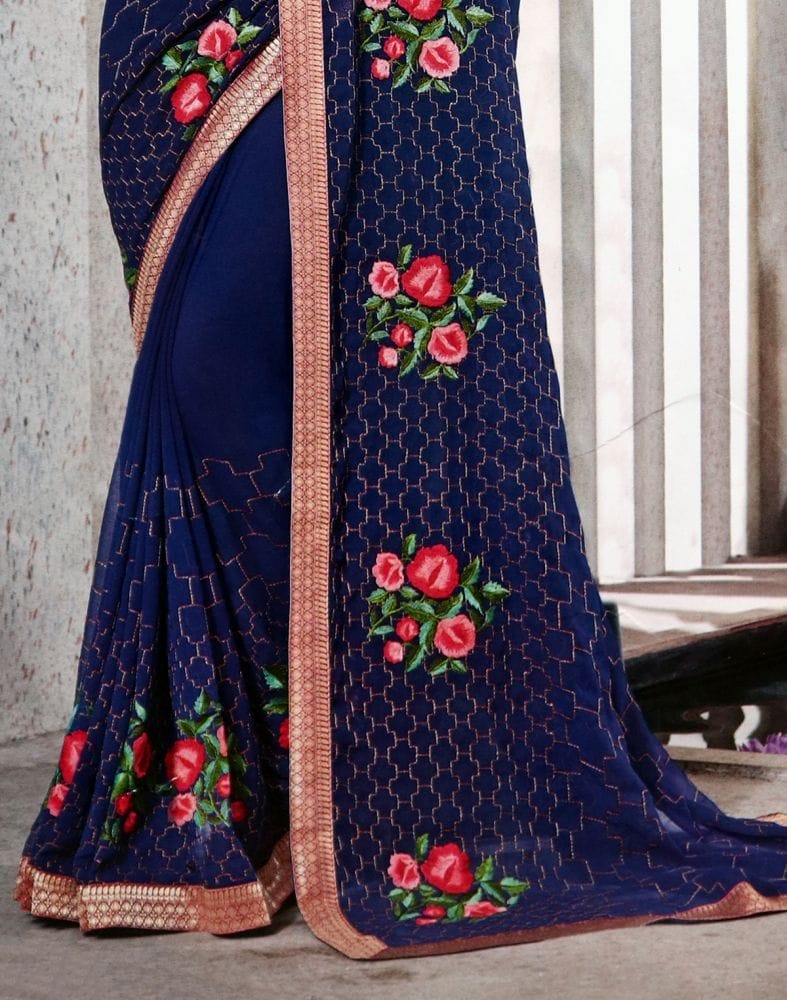 Navy Blue Floral Thread work Chiffon Saree