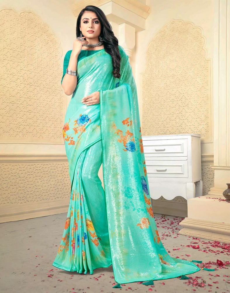 Sea Green Digital Floral Print Embellished Work Georgette Saree