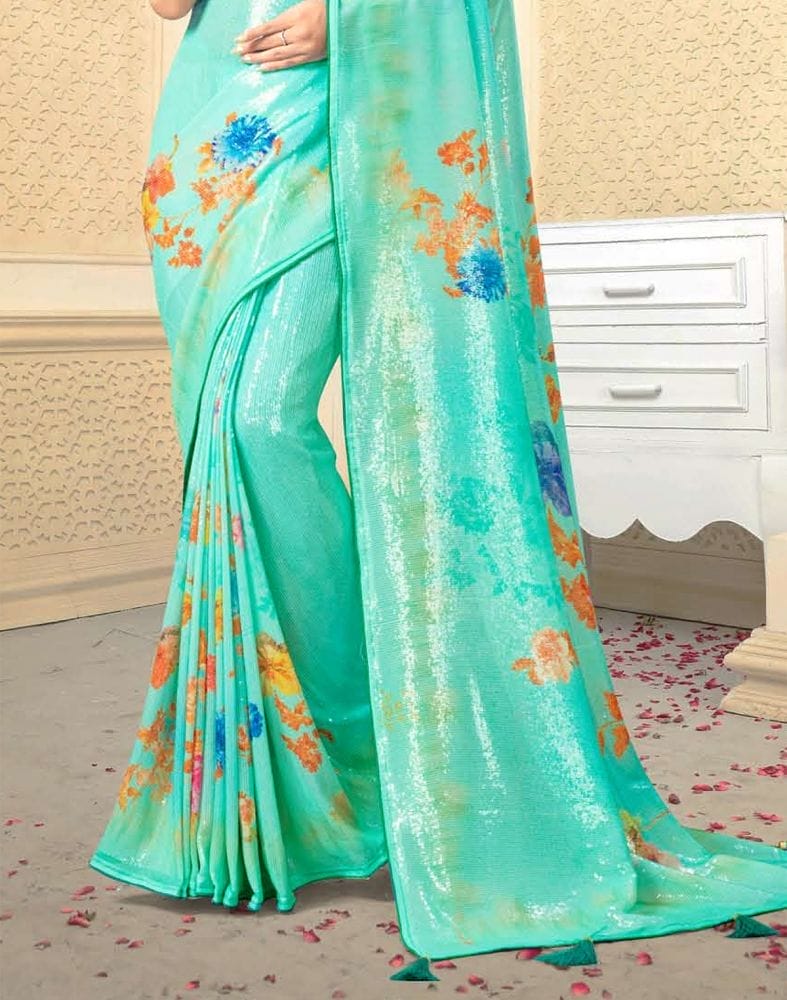 Sea Green Digital Floral Print Embellished Work Georgette Saree