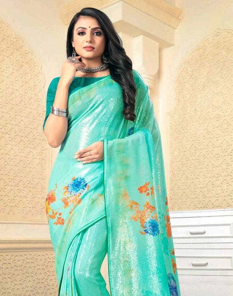 Sea Green Digital Floral Print Embellished Work Georgette Saree