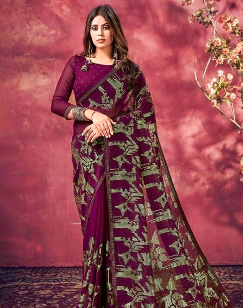 Wine Coloured Sequence Work Semi Georgette Saree
