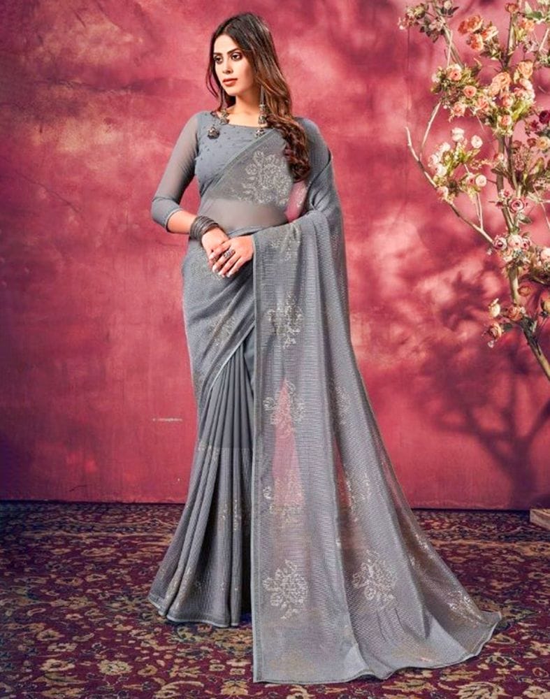 Grey Coloured Sequence Work Semi Georgette Saree